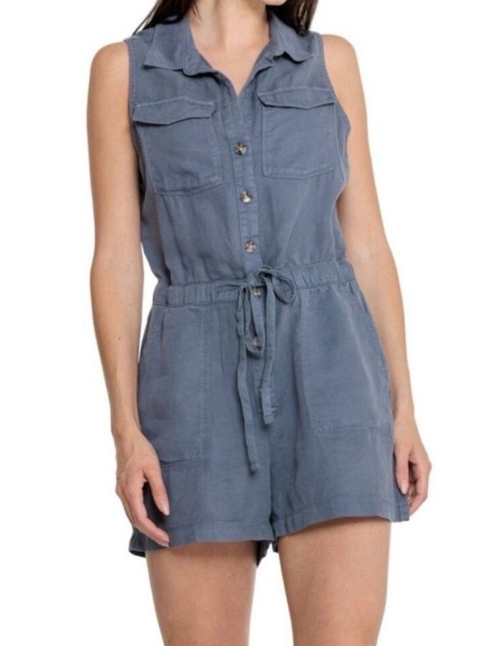 Nicole Miller Romper Blue Sleeveless Button Up Linen Blend Waist Tie Sz 2